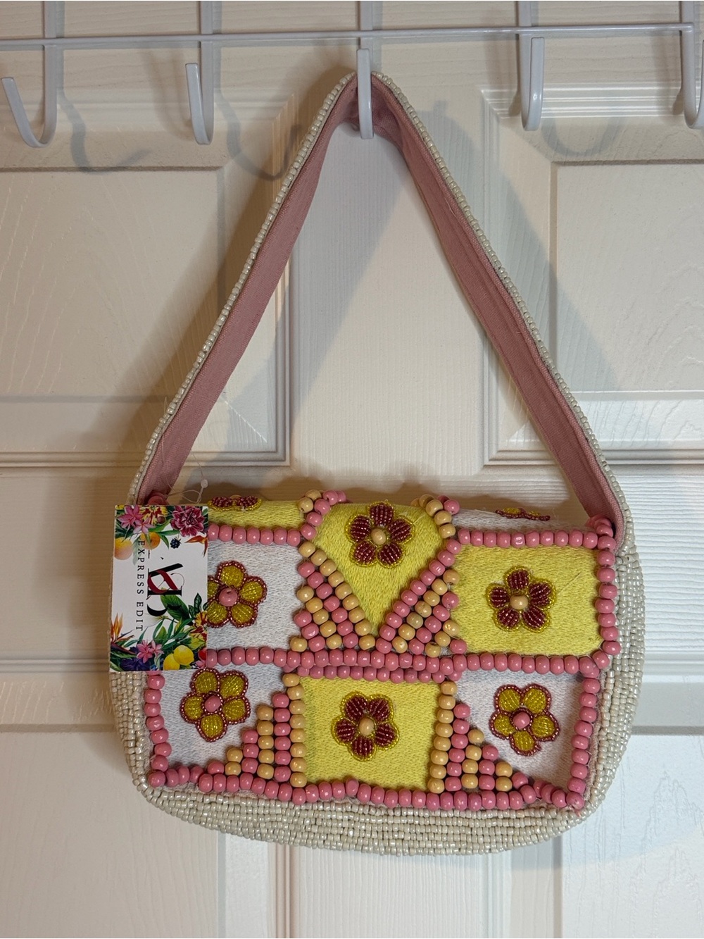 Pink & Yellow Beaded Floral Shoulder Bag